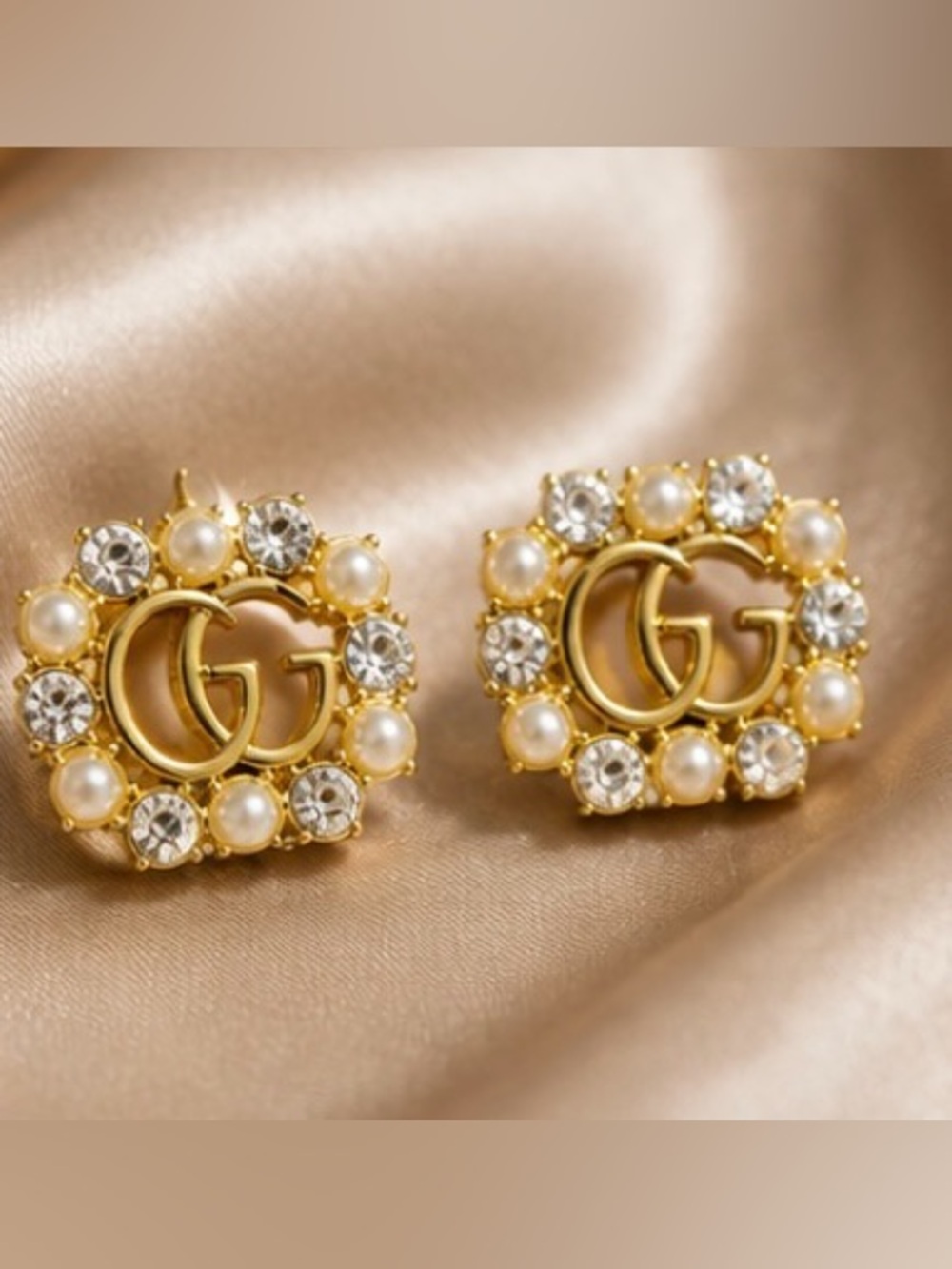 Gold Tone Pearl Rhinestone Statement Stud Earrings Vintage Glam Style